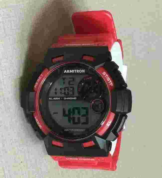 Armitron Men's Black Digital Chronograph Watch Dual Time Red Strap Band New!