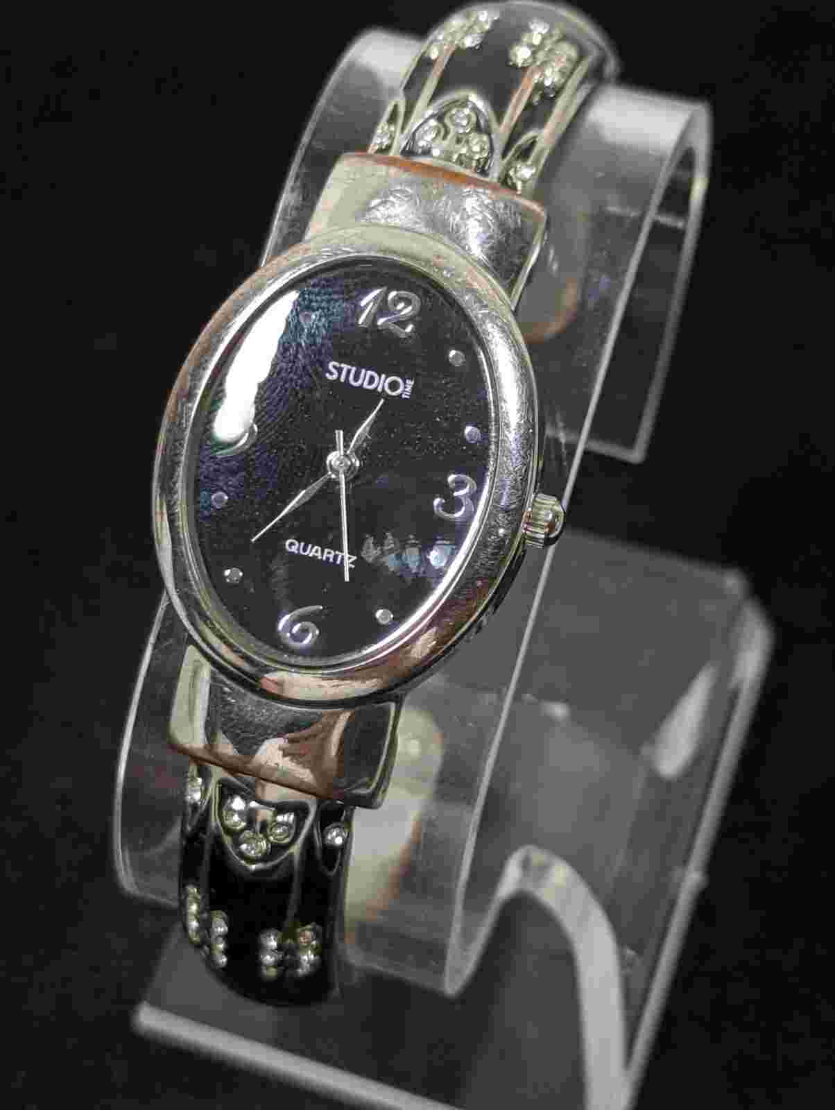 Studio Black Dial Silver Tone Crystal Accent Hinge Bracelet Band Watch 6.5 Inch