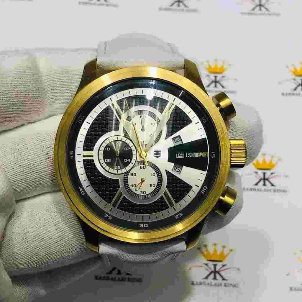 TechnoSport Gold Ion Stainless Steel Large Dial Chronograph White Leather Watch