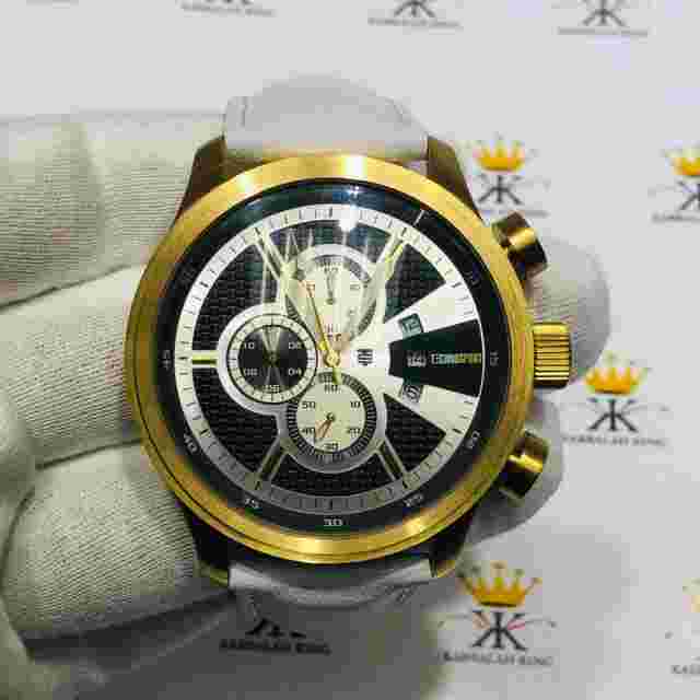 TechnoSport Gold Ion Stainless Steel Large Dial Chronograph White Leather Watch