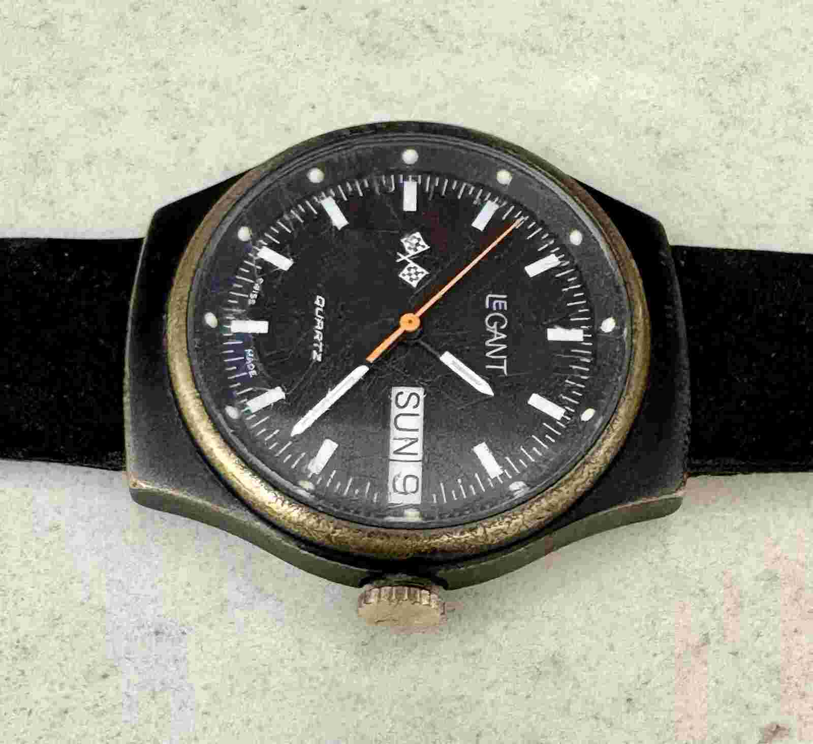 Vintage 70s SWISS Men’s LeGANT Racing Quartz Day/Date Orange Second RUNNING FINE