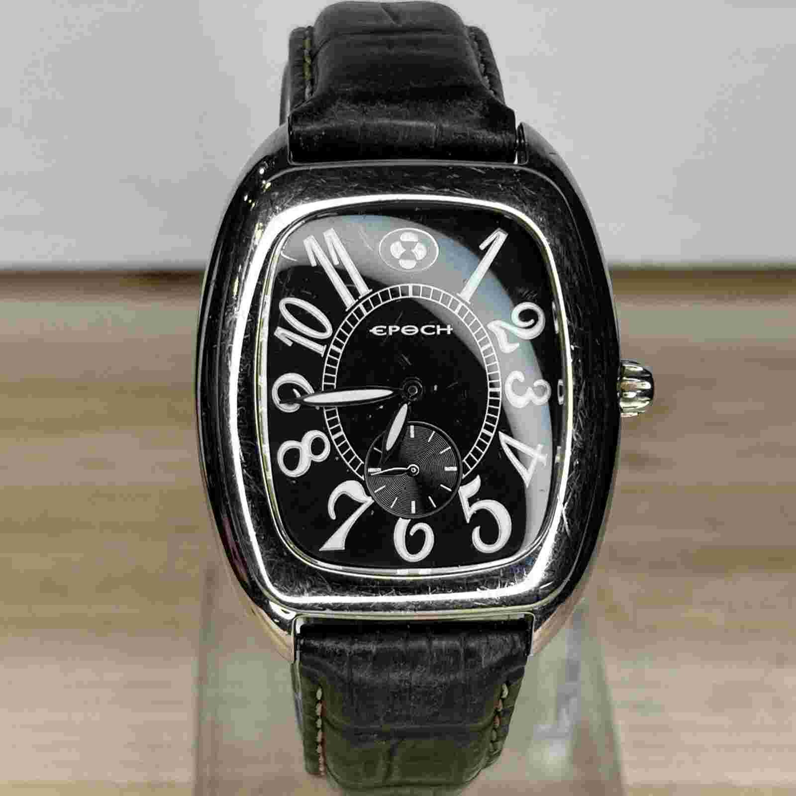 Epoch Men's Watch Silver Toned Black Leather Band NEW BATTERY RUNS!
