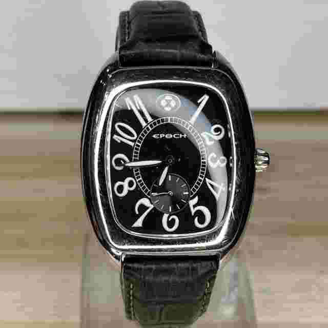 Epoch Men's Watch Silver Toned Black Leather Band NEW BATTERY RUNS!