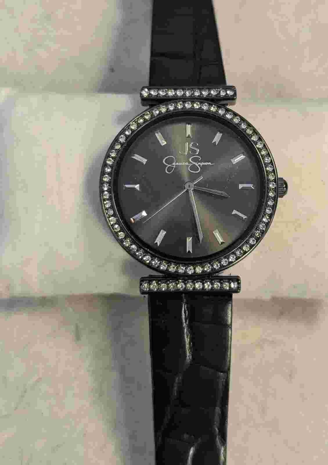 WORKING Jessica Simpson Woments Watch Black Gemmed Watch Leather Band