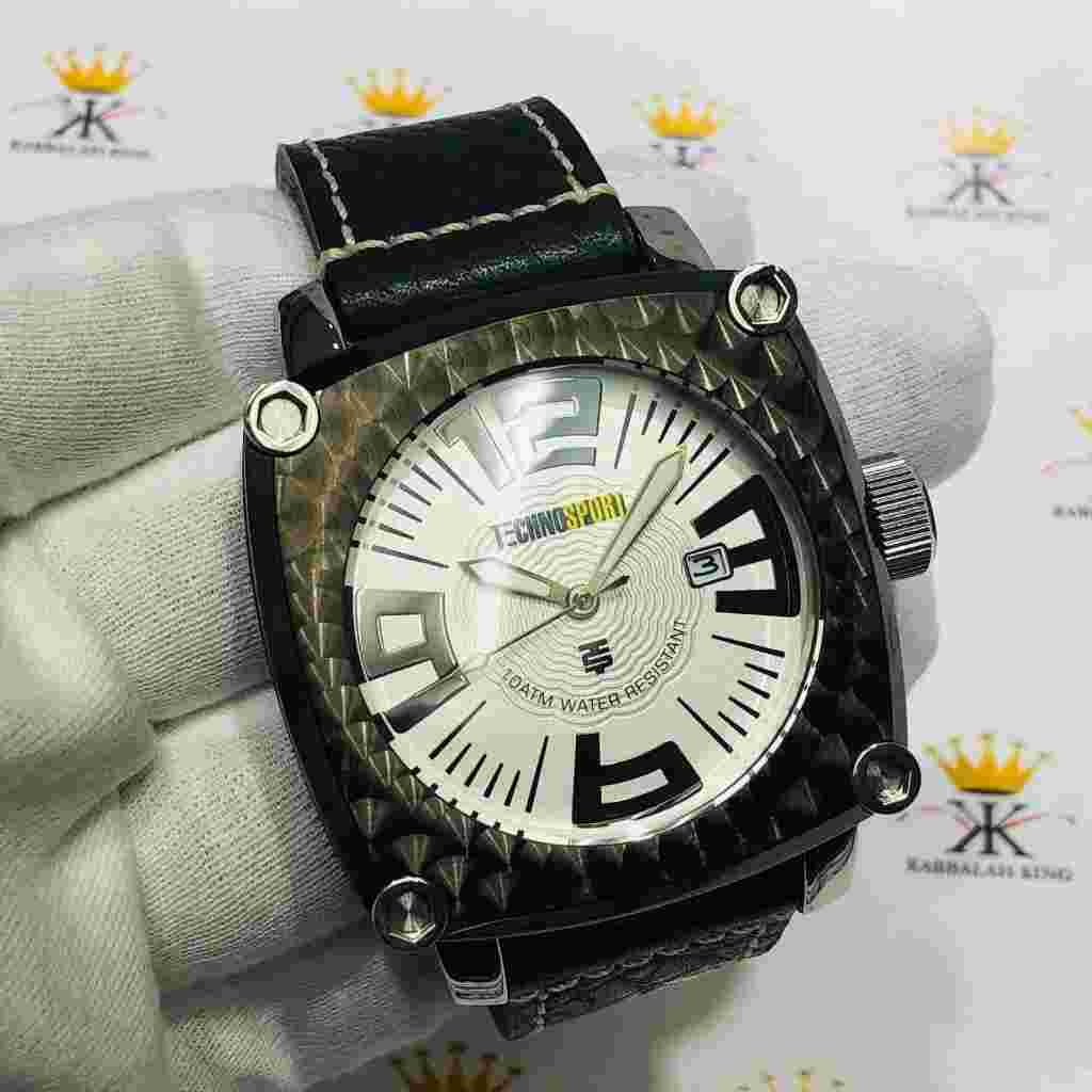 TechnoSport Black Ion Stainless Steel Large Dial Genuine Black Leather Watch
