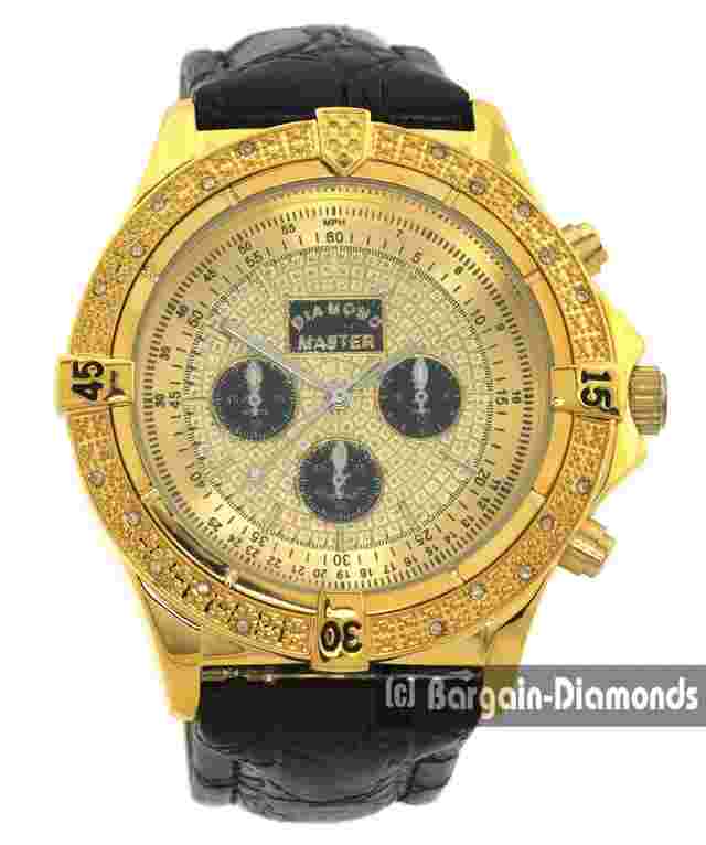 Mens 22 Natural Diamond Goldtone Clubbing Watch Gold Dial Black Strap Deployment
