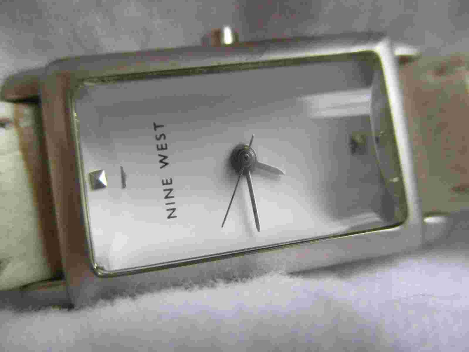Nine West Watch Rectangular White Face Silver Toned Beige Buckle Band