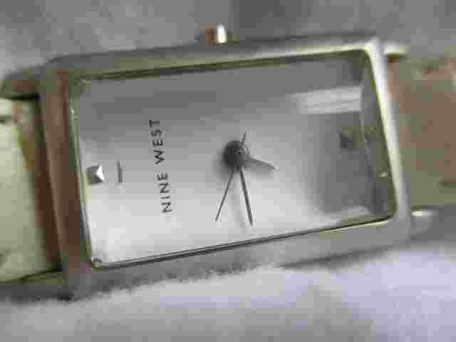 Nine West Watch Rectangular White Face Silver Toned Beige Buckle Band