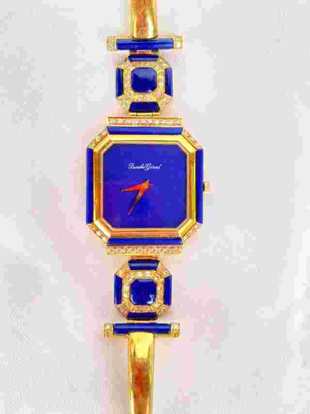 MAGNIFICENT BUECHE GIROD 18K GOLD DIAMOND LAPIS LAZULI MECHANICAL LADYS WATCH