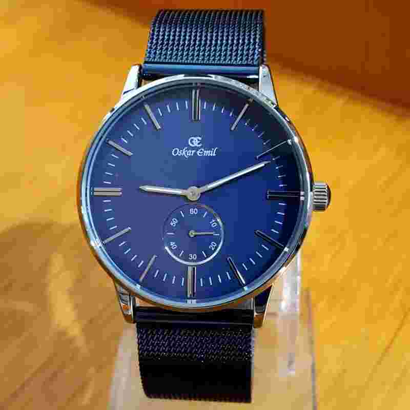 Mens Midnight Blue Mesh Classic Oskar Emil Minimalist Gents Slim Analog Watch