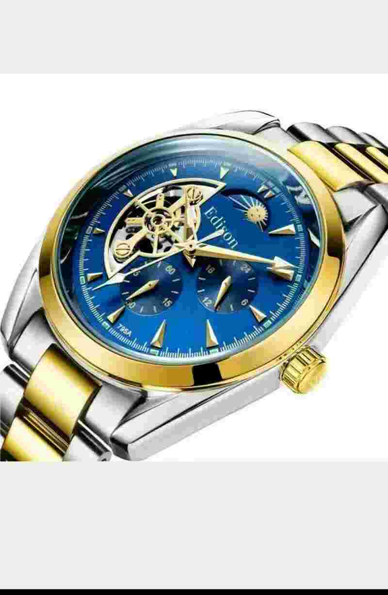 MENS EDISON AUTOMATIC WATCH MOONPHASE DIAL BLUE DIAL SILVER GOLD COLOUR STRAP.