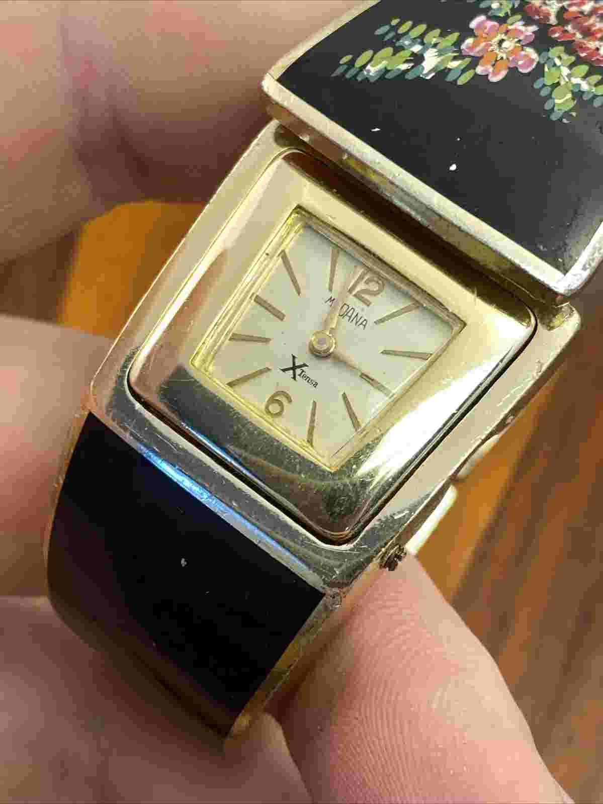 Vintage Medana Xtensa Hidden Watch Bracelet Gold Tone Floral Enamel - For Repair