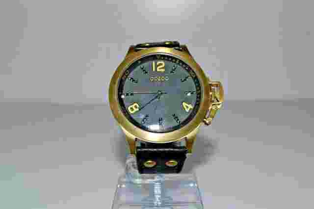 Oozoo Authentic Black Leather Yellow Gold SS Oversized $280 Watch