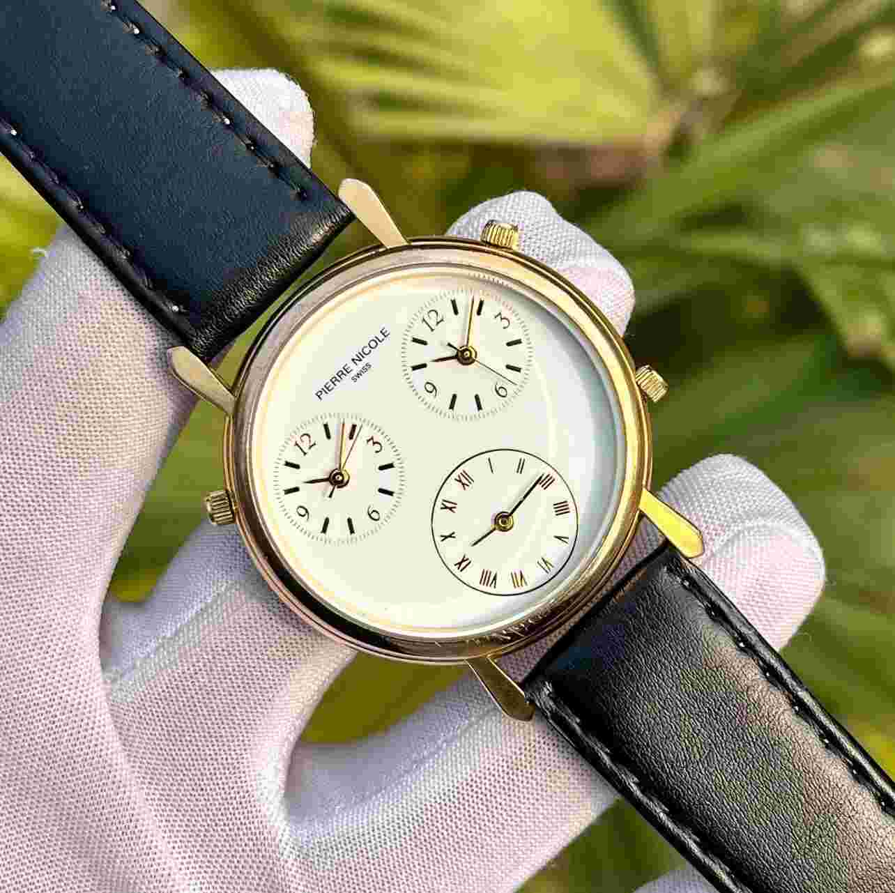 Vintage Pierre Nicole Triple Time Zone Dial Swiss Made Men Quartz Watch 10-308-9