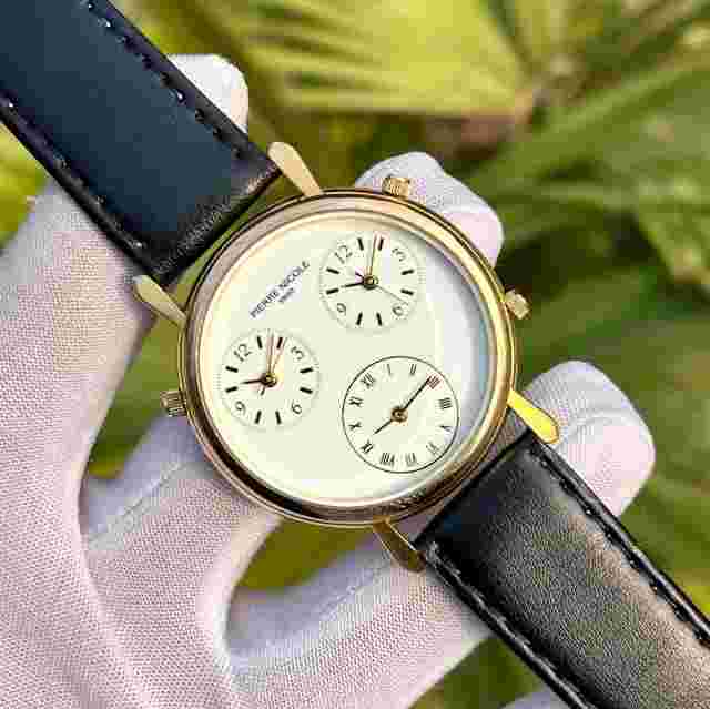 Vintage Pierre Nicole Triple Time Zone Dial Swiss Made Men Quartz Watch 10-308-9