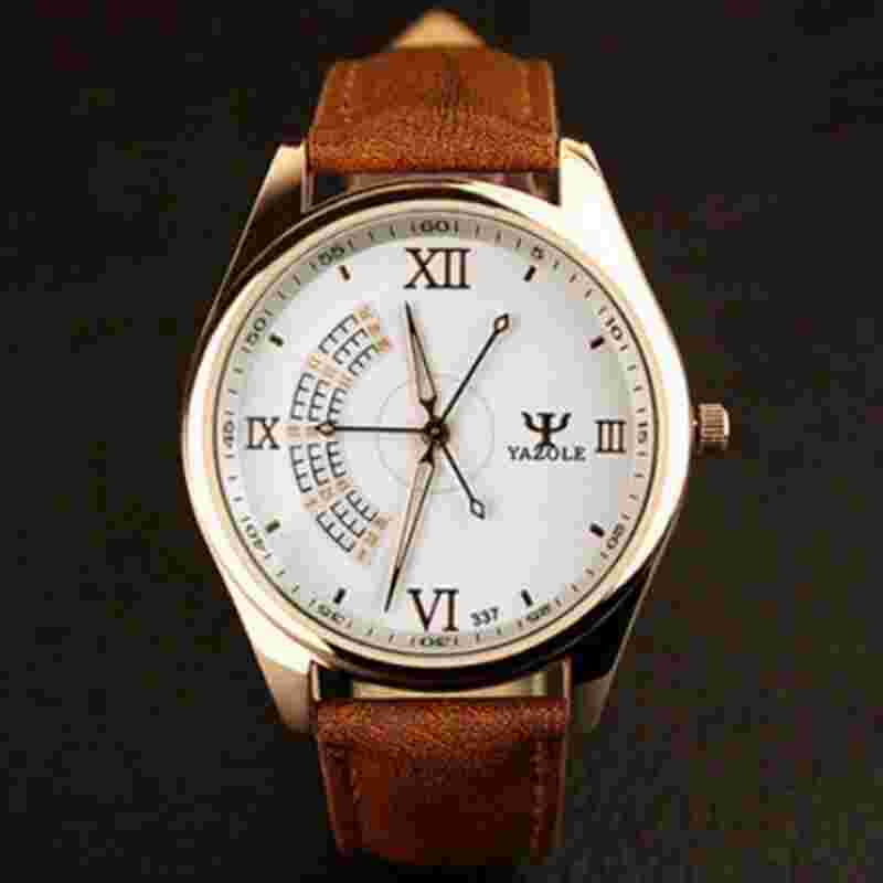YAZOLE Quartz Stainless Steel Case Leather Strap Round Face Watch