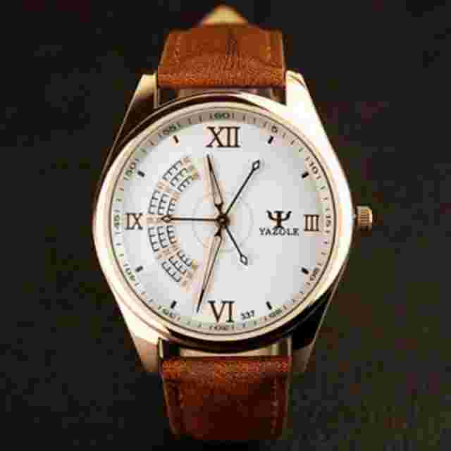 YAZOLE Quartz Stainless Steel Case Leather Strap Round Face Watch