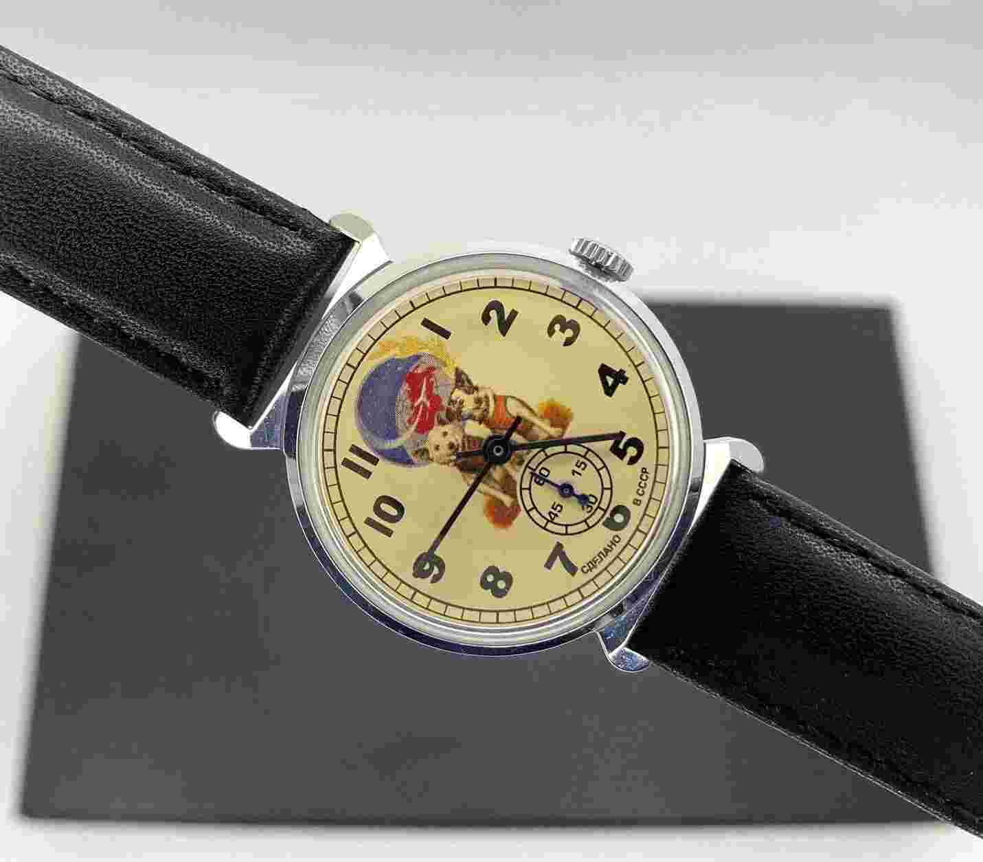 Rare  Pobeda Mechanical Belka Dog Space Moon Wrist watch Russian USSR Gift