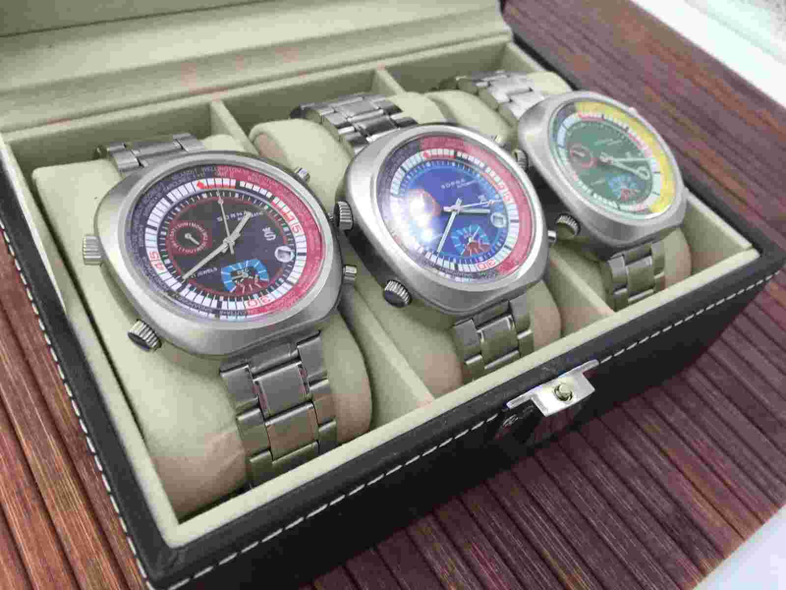 3 SORNA automatic watches tachymeter scale NOS-Style in collectors box