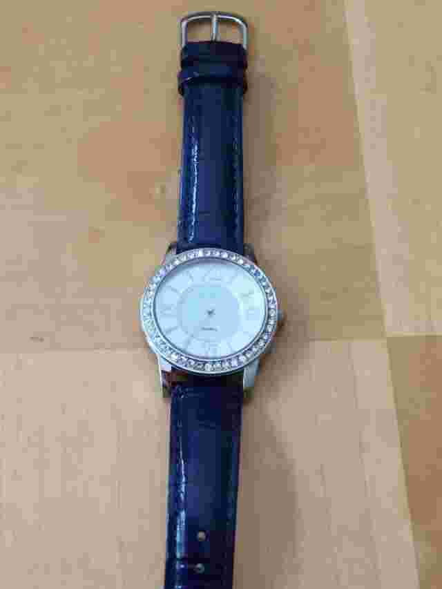 Peugeot Women's 3044 MOP Silver Crystal Bezel Blue Leather Strap