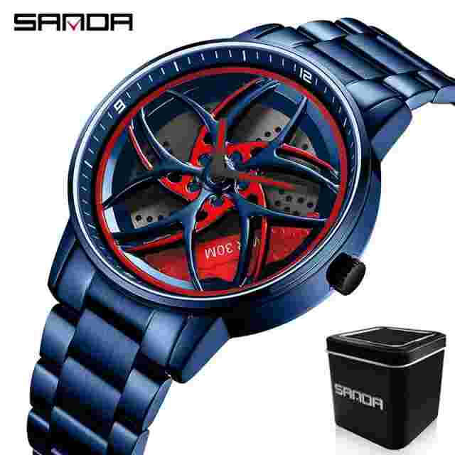 SANDA Rotating Dial Car Rim Wheel Quartz Mens Stainless Wateproof Luminous Watch