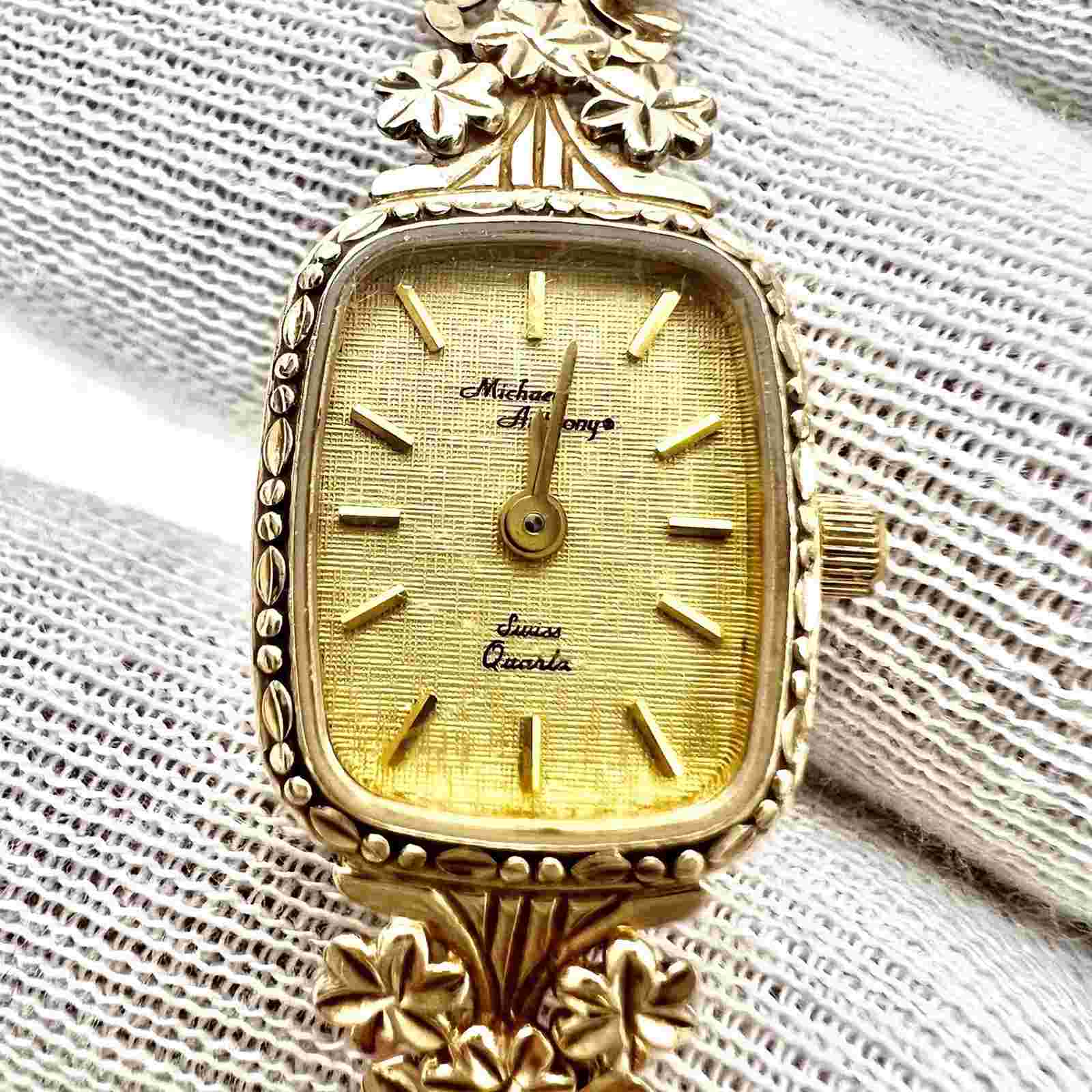 Michael Anthony 14K Solid Yellow Gold Swiss Quartz Linen Dial Watch New Batt