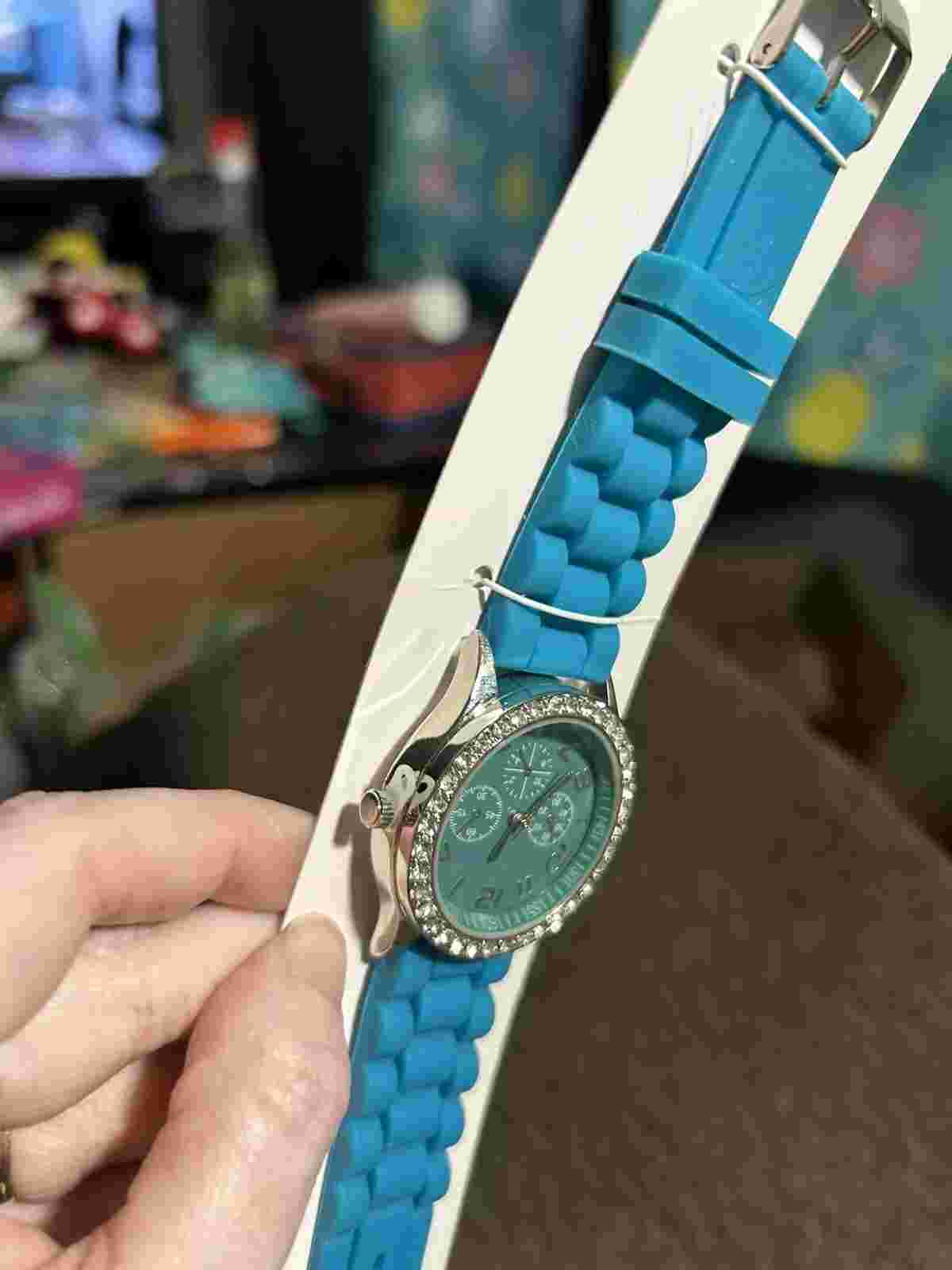 Women Darice Watch Teal Blue Rubber Band Silver Case Crystal Accen Easy Read