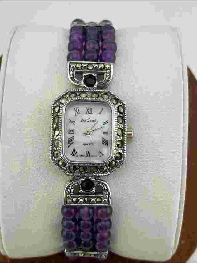 Vtg Lee Sands Ladies 19mm Watch Silver Tone Purple Beads Marcasite 6.5” - RUNS