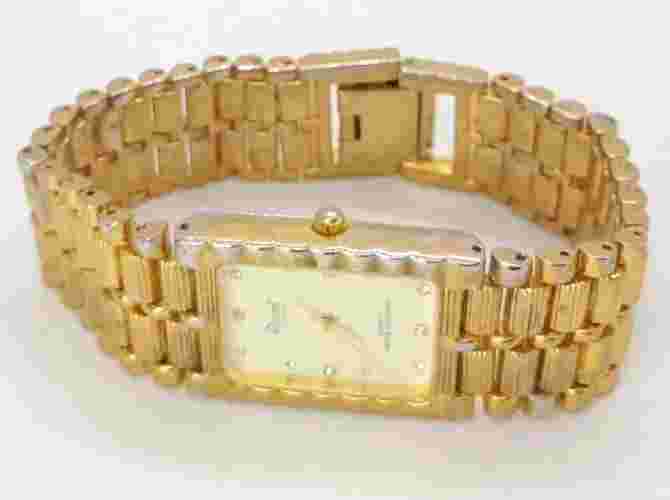 Vintage Men Acuet Watch Gold Tone Bracelet Band Beige Face Diamond Indexes