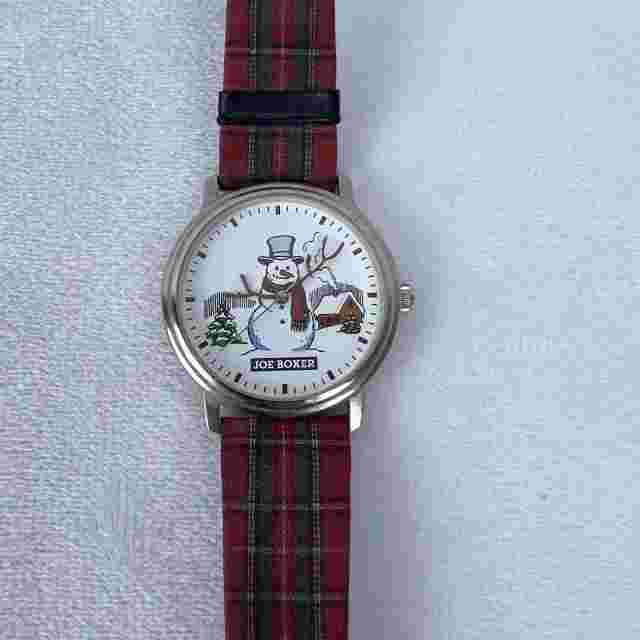 Vintage Joe Boxer Christmas Snowman Plaid Watch Leather Band Battery Needed