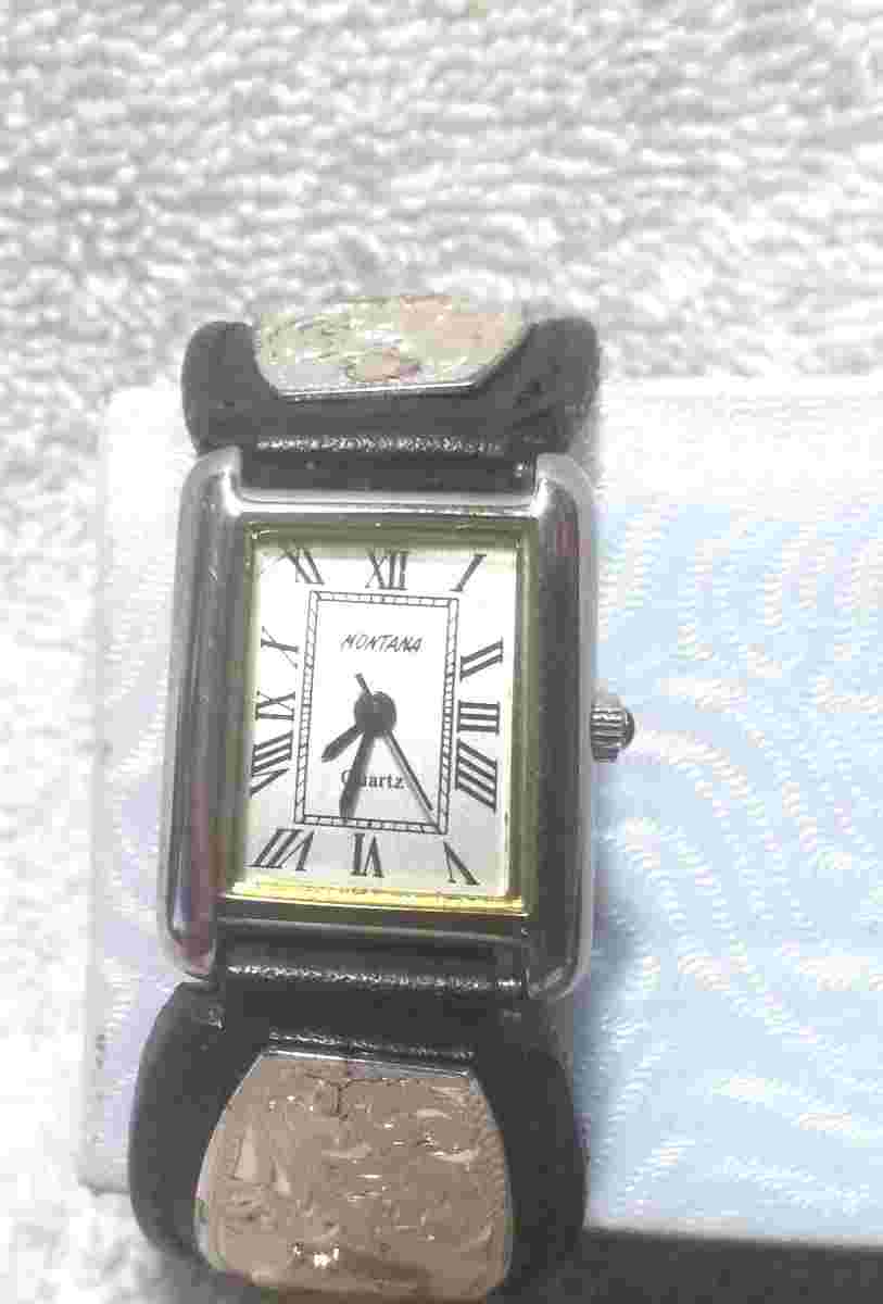 Montana Silversmiths Watch Women Silver Engraved Gold Horse Black New Bat Nice !