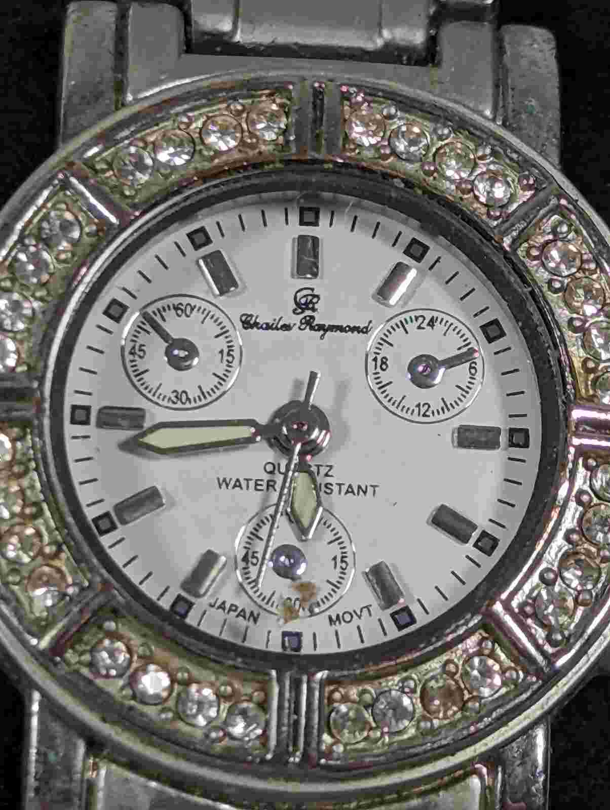 Charles Raymond White Dial Crystal Accent Round Silver Tone Case Stainless Watch