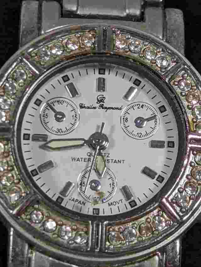 Charles Raymond White Dial Crystal Accent Round Silver Tone Case Stainless Watch