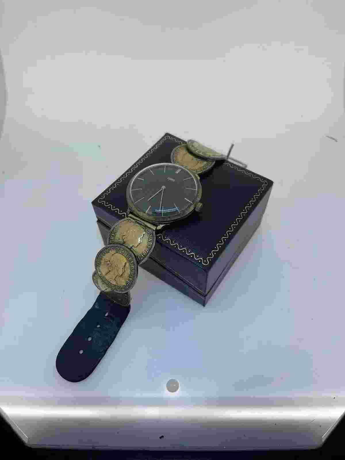 Vintage SWANK 40mm Manual Mens Watch Unusual Coin Bracelet