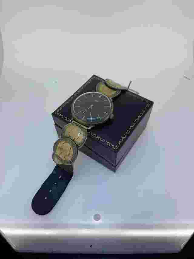 Vintage SWANK 40mm Manual Mens Watch Unusual Coin Bracelet