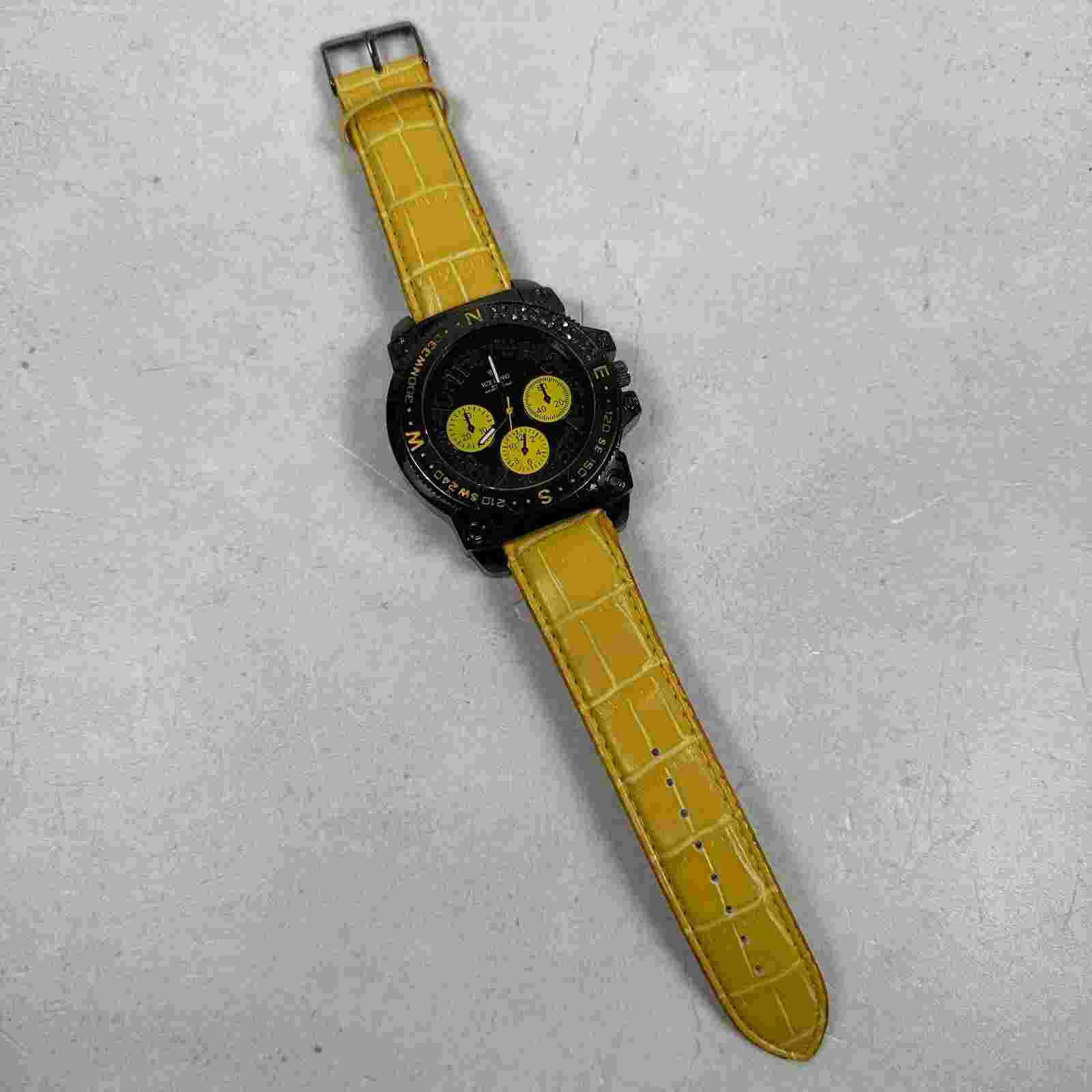 Ice King Watch Mens 50mm Black Dial Yellow Band Heavy Bling Bezel New Battery