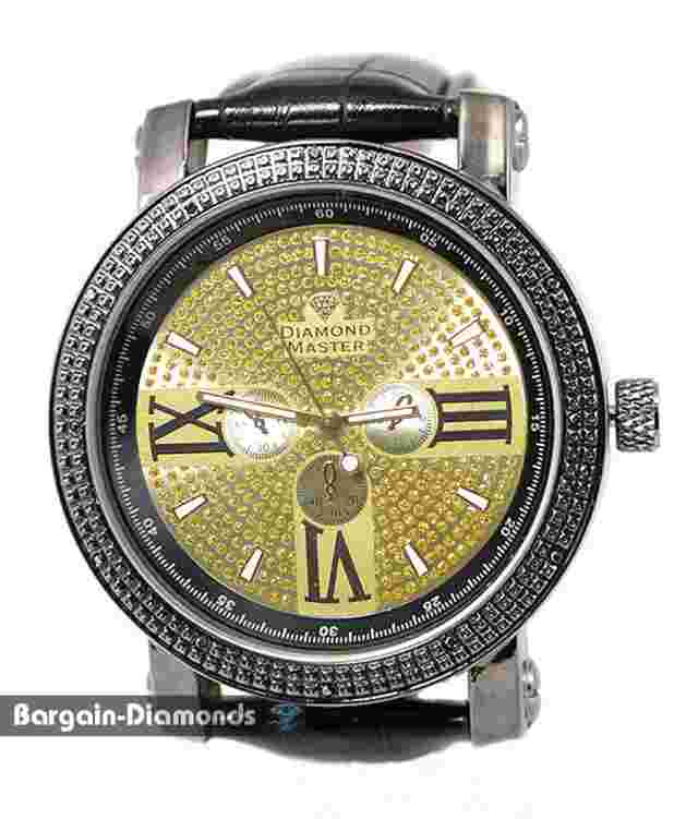 Mens 50 mm Black Natural Diamond Gold Bling Dial Clubbing Watch Leather 7"-9"