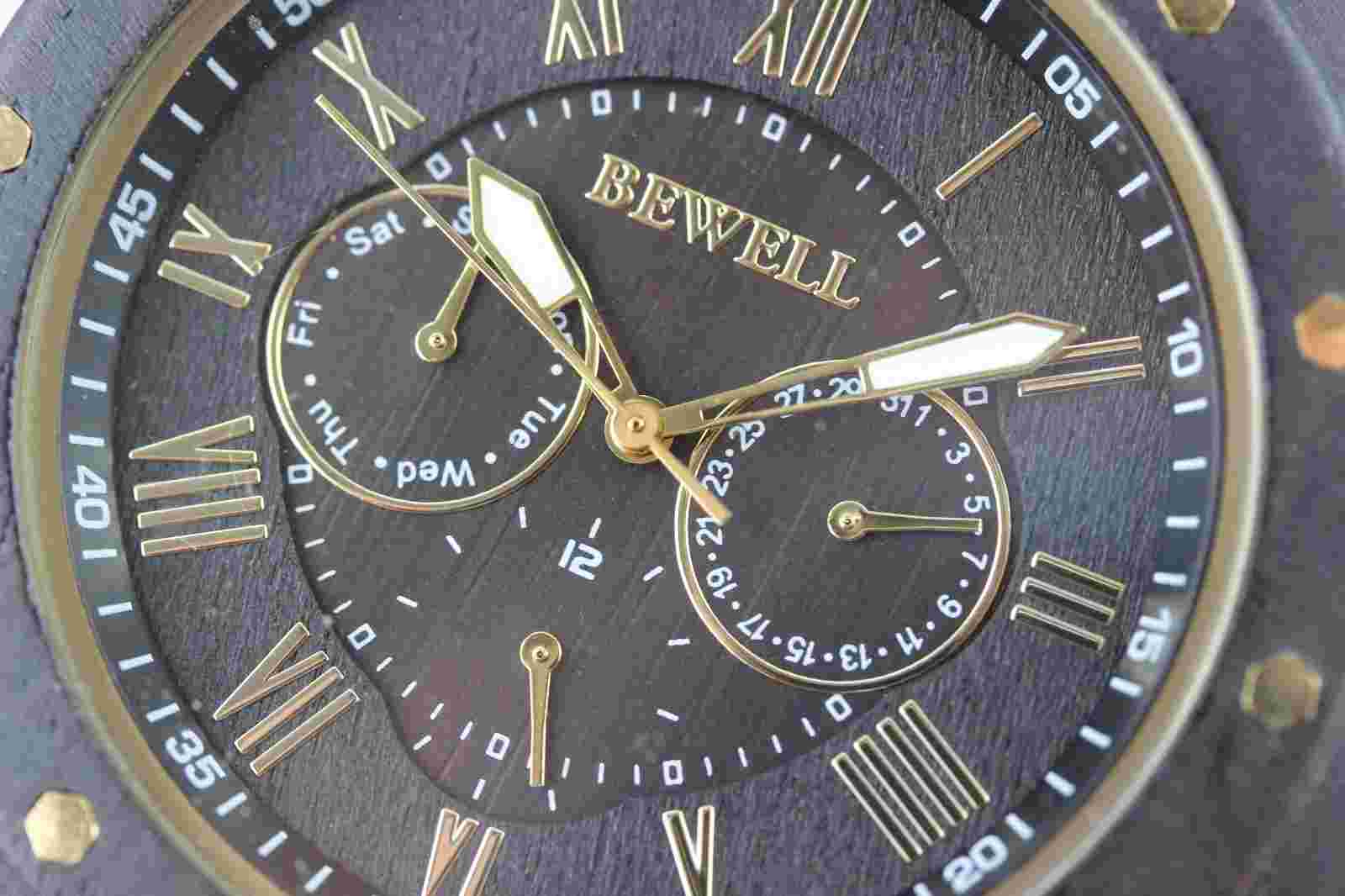 Bewell Wooden Watch Men's 47mm Day Date 24hr Display Sandalwood Wristwatch