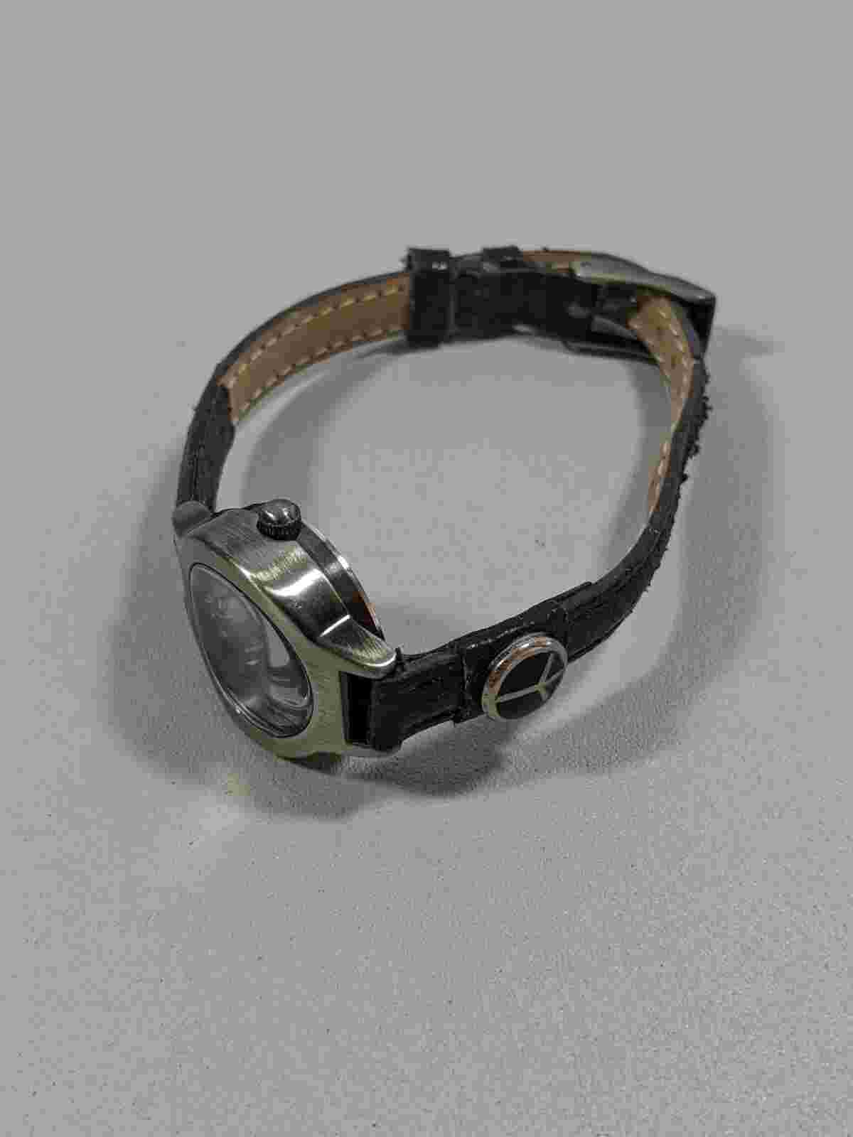 Mudd Silver Tone Case 22 mm Black Faux Leather Band Peace Sign Watch 8.5 Inch