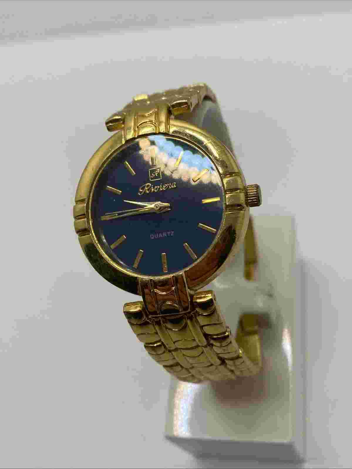 Mens Riviera Classic Black Dial Gold Tone  Analog Watch New Battery!