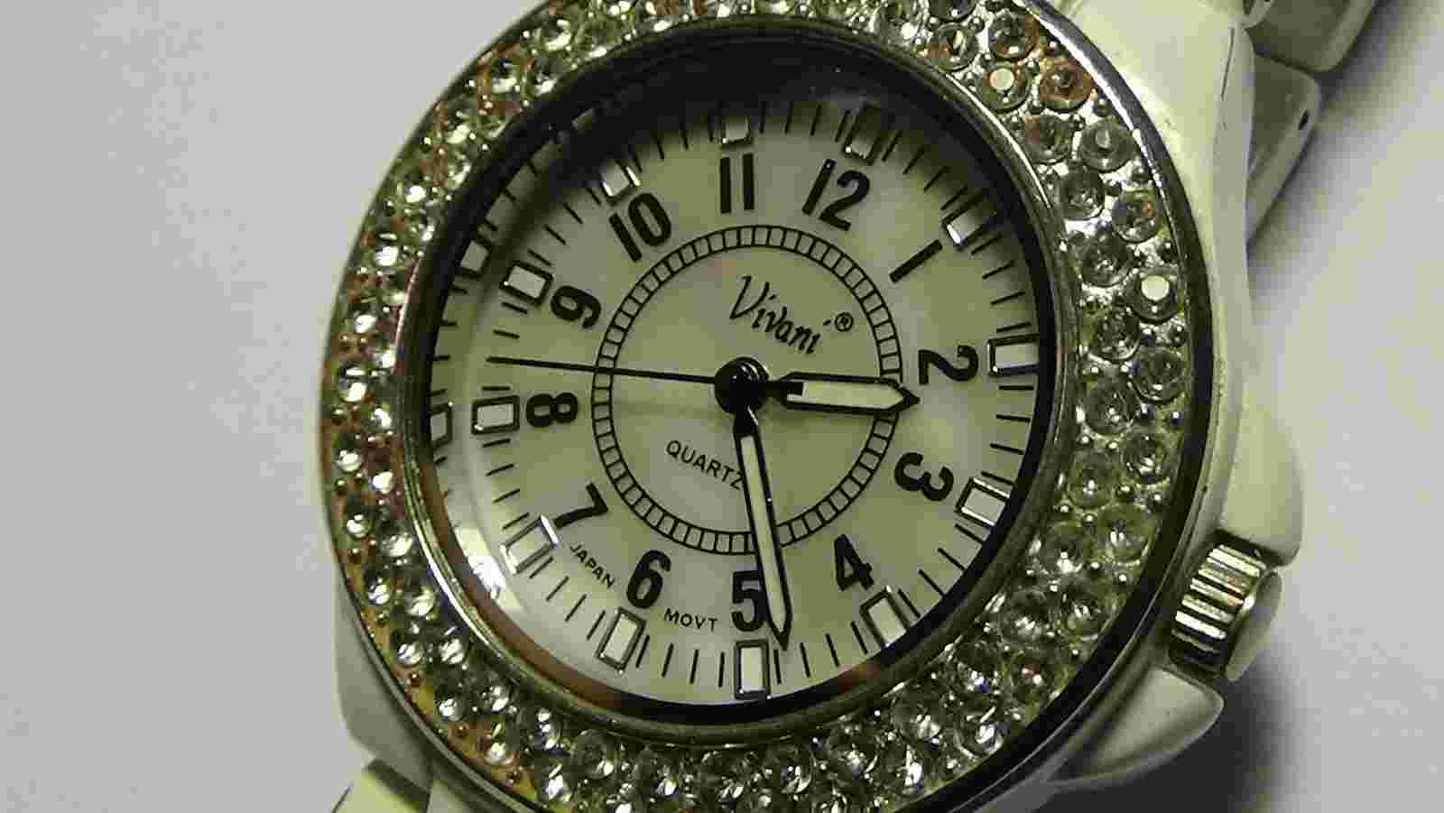 Ladies Vivani MOP dial CZ bezel white bracelet watch 36mm