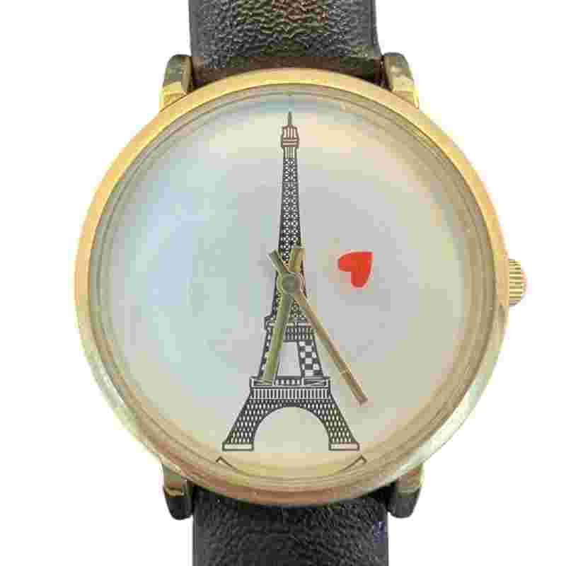 Paris Eiffel Tower Black Buckle Strap Rotating Heart Second Hand Gold Tone Heart