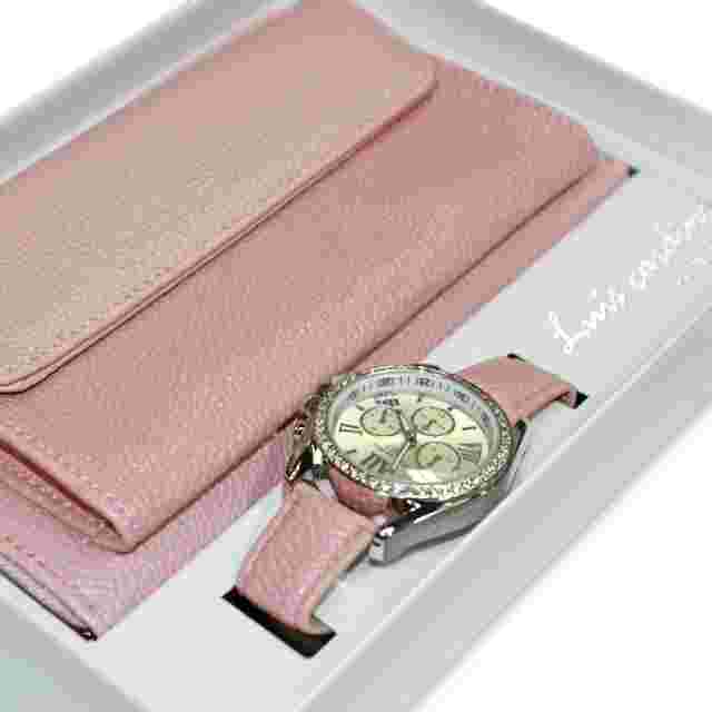 Luis Cardini Womens Princess Gift Set Leather Band Watch w/ Sling Wallet (Pink)