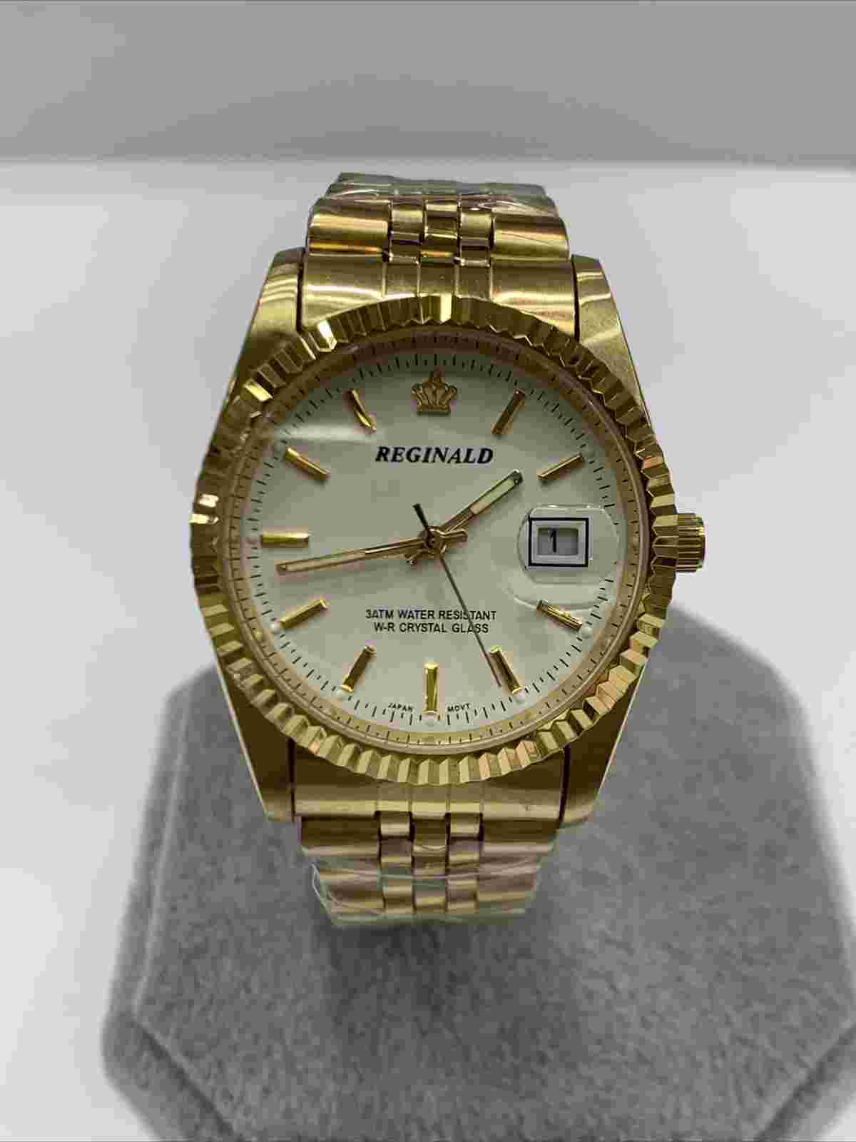 Reginald Mens Wrist Watch Gold White Analog Quartz New Battery. New