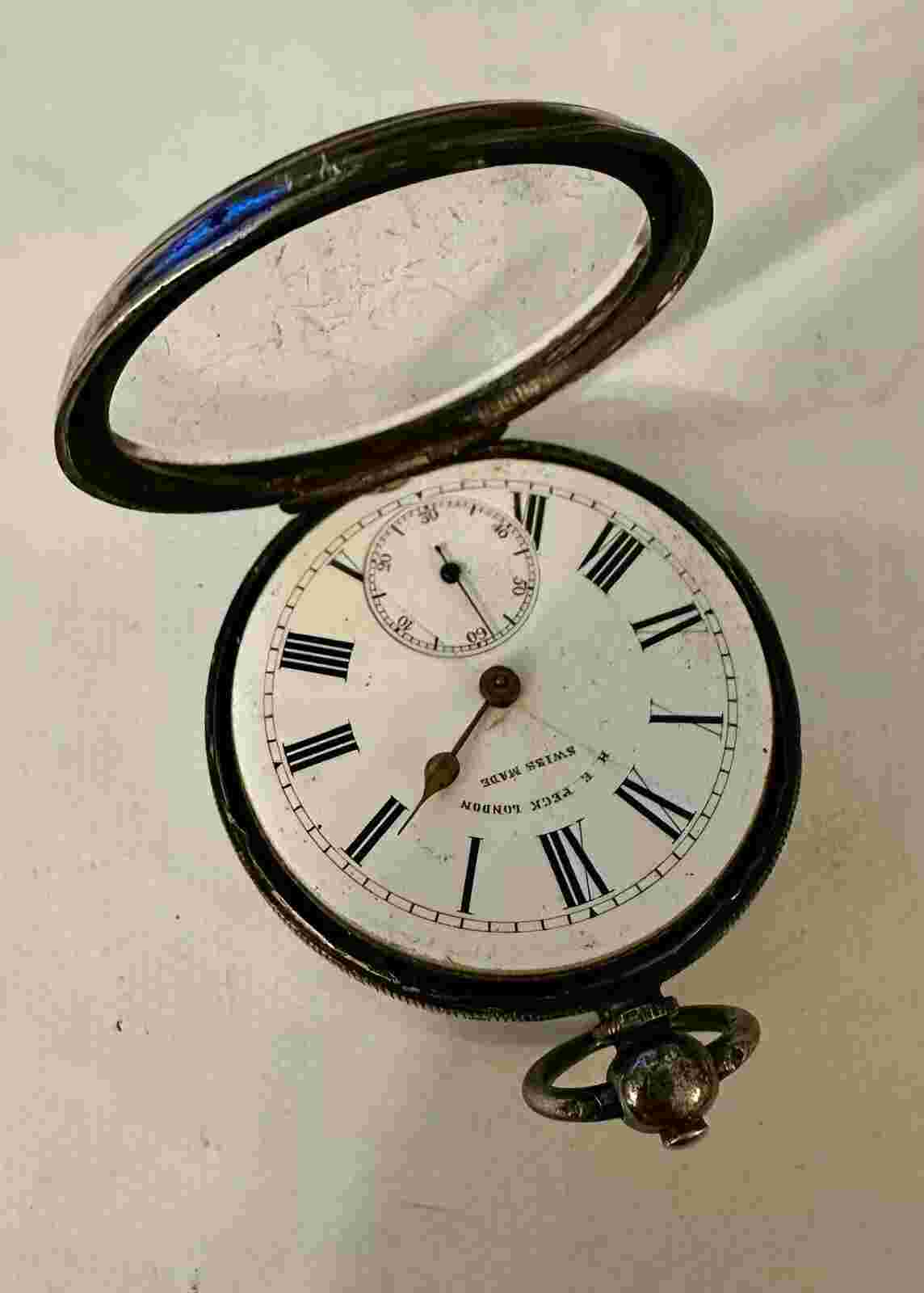 Vintage .935 Sterling Silver H E Peck KeyWind Mens Pocket Watch-Needs Attention
