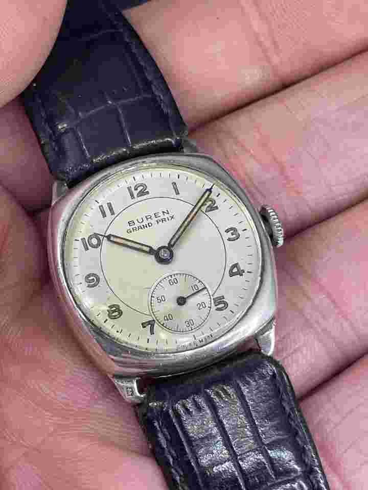 Exceptional Solid Silver Buren Grand Prix 1943 Cushion Cased Presentation Watch.