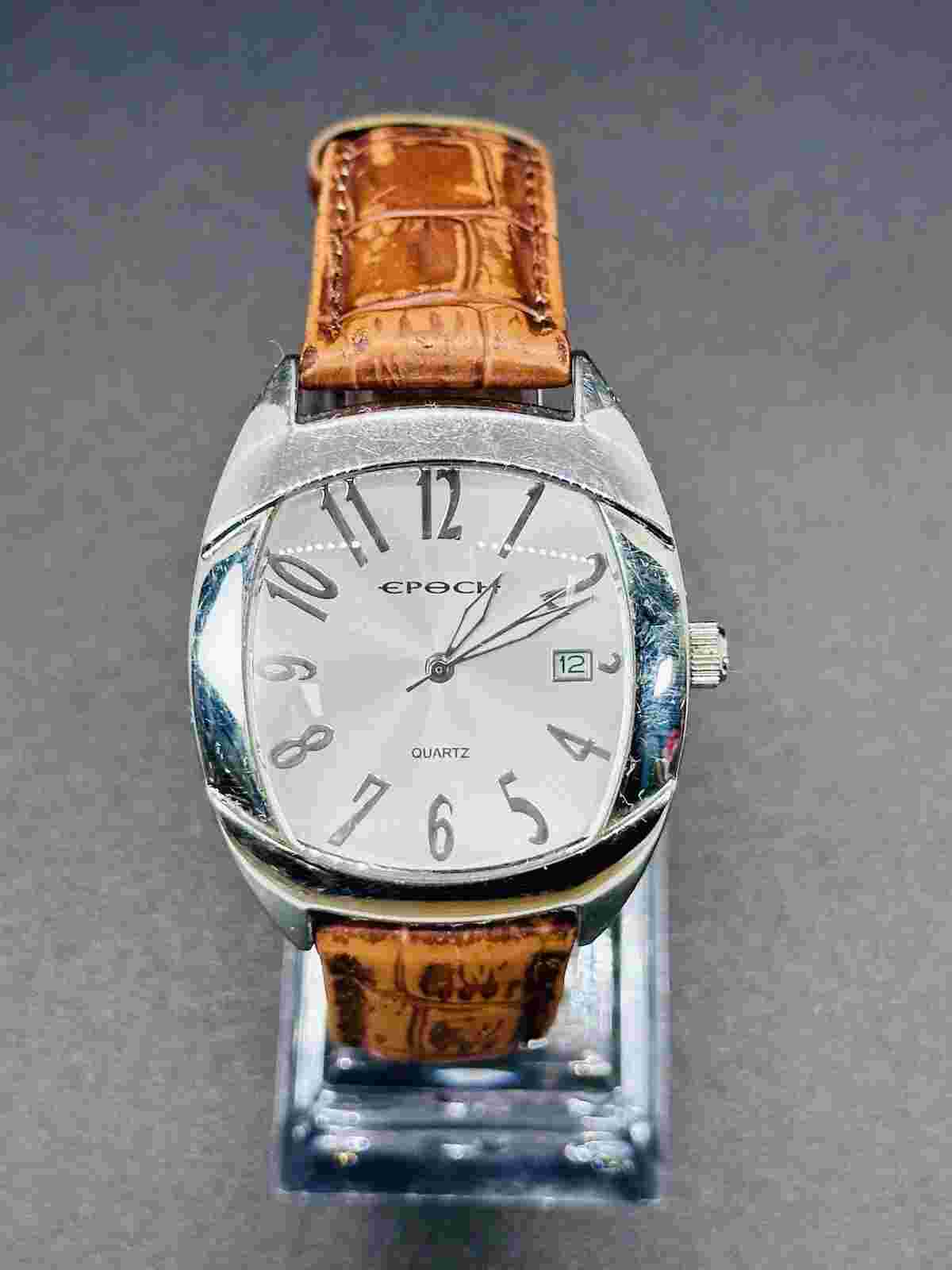 Working Epoch Stainless Steel Case Genuine Leather Quartz Analog Mens Watch E6