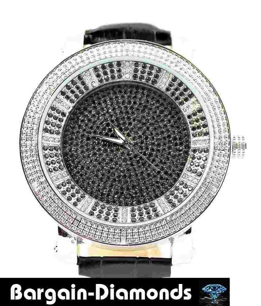 Mens 60mm Natural Diamond Silver tone Clubbing Watch Black XL Dial 8"-10"Leather