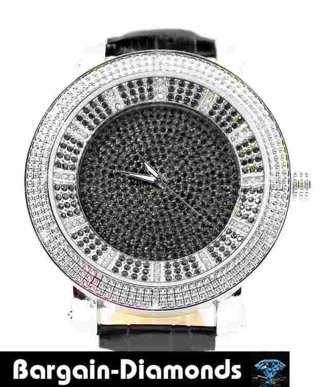Mens 60mm Natural Diamond Silver tone Clubbing Watch Black XL Dial 8"-10"Leather