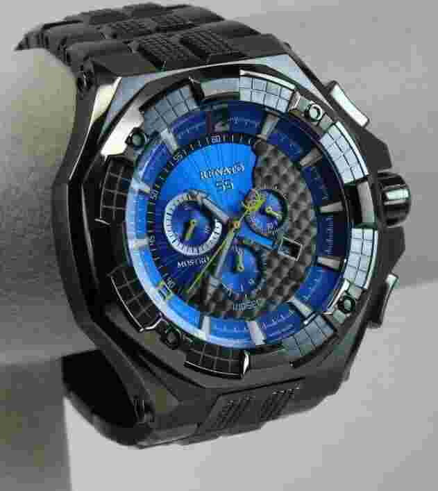 Men's Renato Mostro 55 Watch, Swiss Ronda 5040.D, Blue Dial on Black IP - HUGE